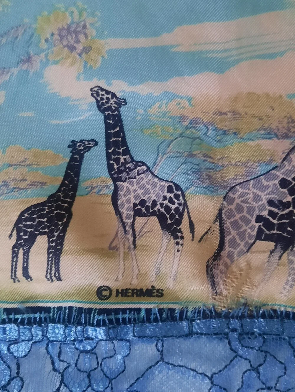 Vintage HERMÈS Tropiques Silk Twill Scarf 90cm Blue/Multi (Altered/Trim Added) - Picture 9 of 16